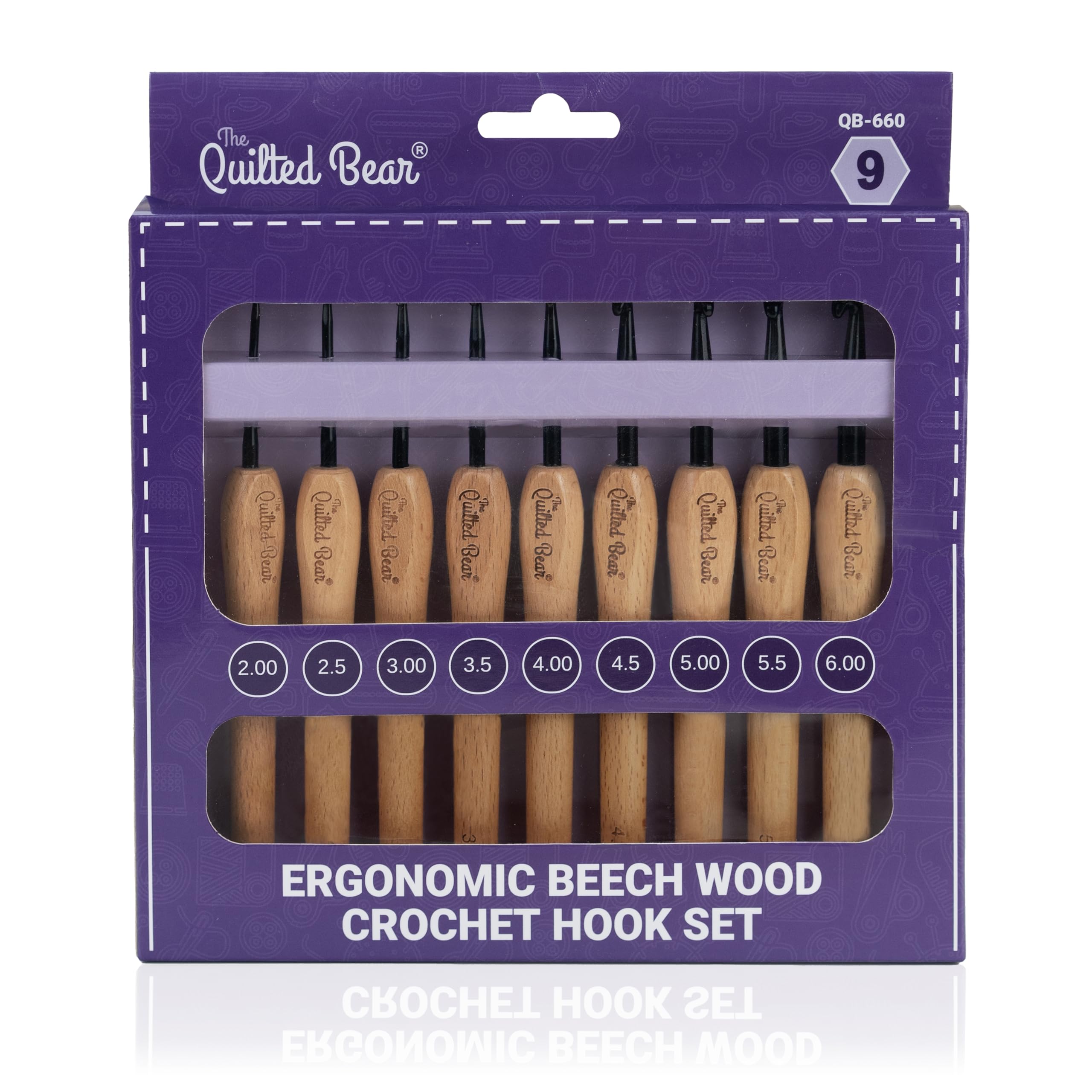The Quilted Bear Beech Wood Crochet Hooks Set – Set of 9 Ergonomic Crochet Hooks with Stylish Beech Wood Handles & Durable Steel Hook Heads (2mm - 6mm)