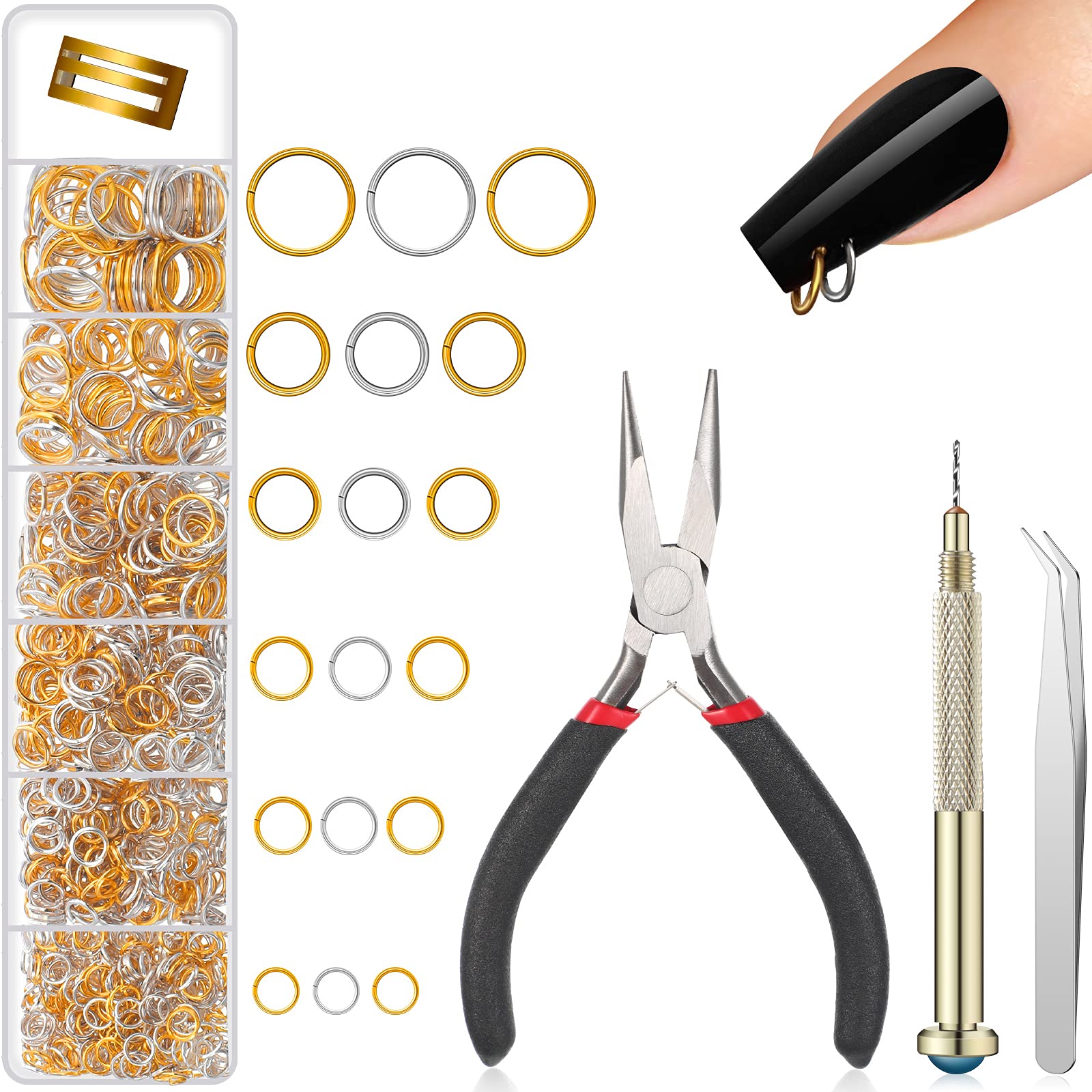 Photo 1 of 1014 Pieces Nail Dangle Charm Piercing Tool Hand Drill, Nail Charms 6 Sizes Jump Ring Connector with Jump Ring Open Close Tool Pliers and Tweezers for Jewelry Making(Gold, Silver)