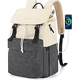 Orvilly Canvas Laptop Backpack for Women,Work Backpacks Purse with USB/Type C Charging Port,Teacher Nurse Bag College Bookbag Hiking Casual Daypack Fit 15.6 Inch Laptop（Black & Beige）