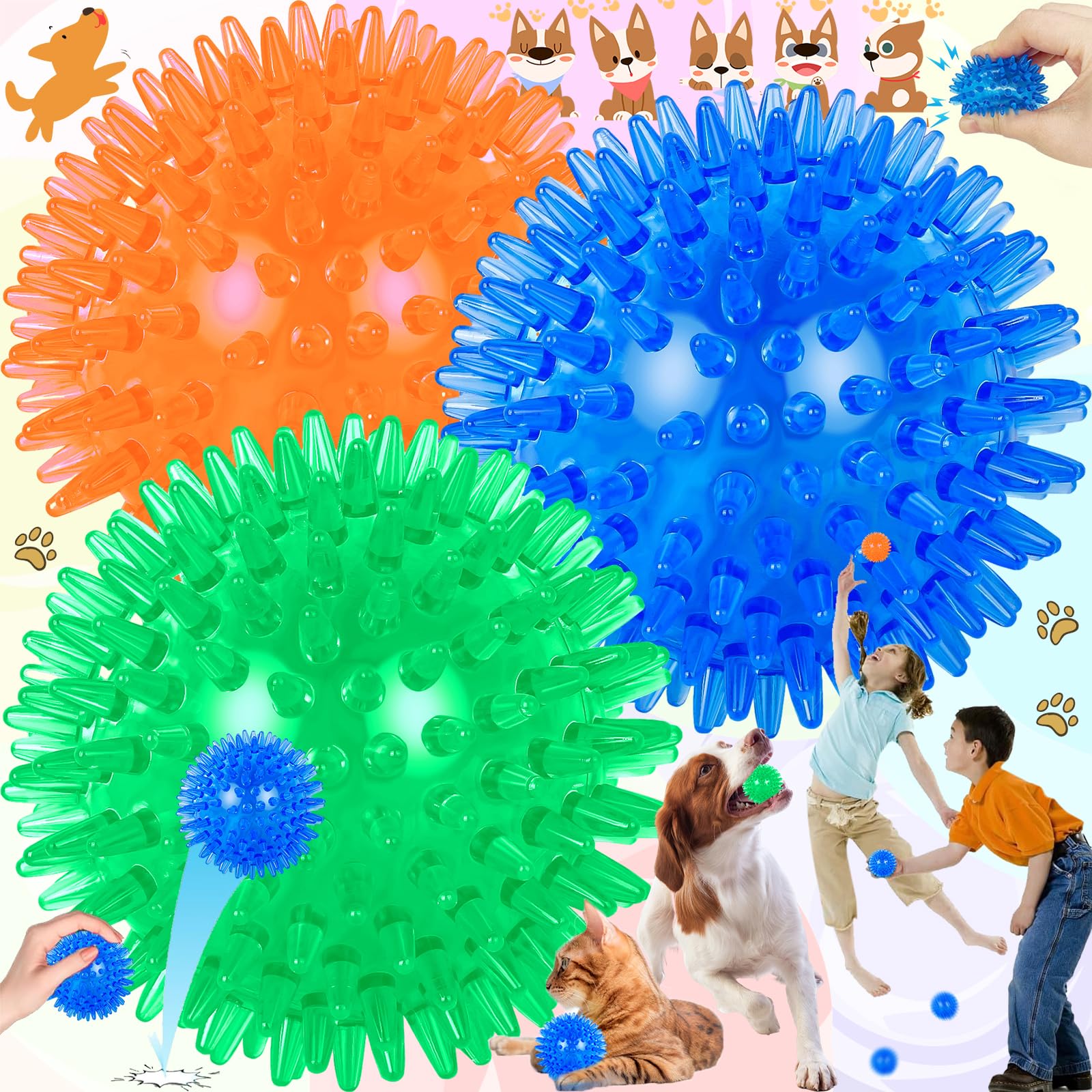 Oneroomone 3 Pieces Squeaky Dog Toys, Chew Toys for Dogs, Spiky Ball, Throwing Toys for Puppies, Rubber TPR Chew Toys for Boredom, Teeth Cleaning Accessories for Small and Medium Dogs