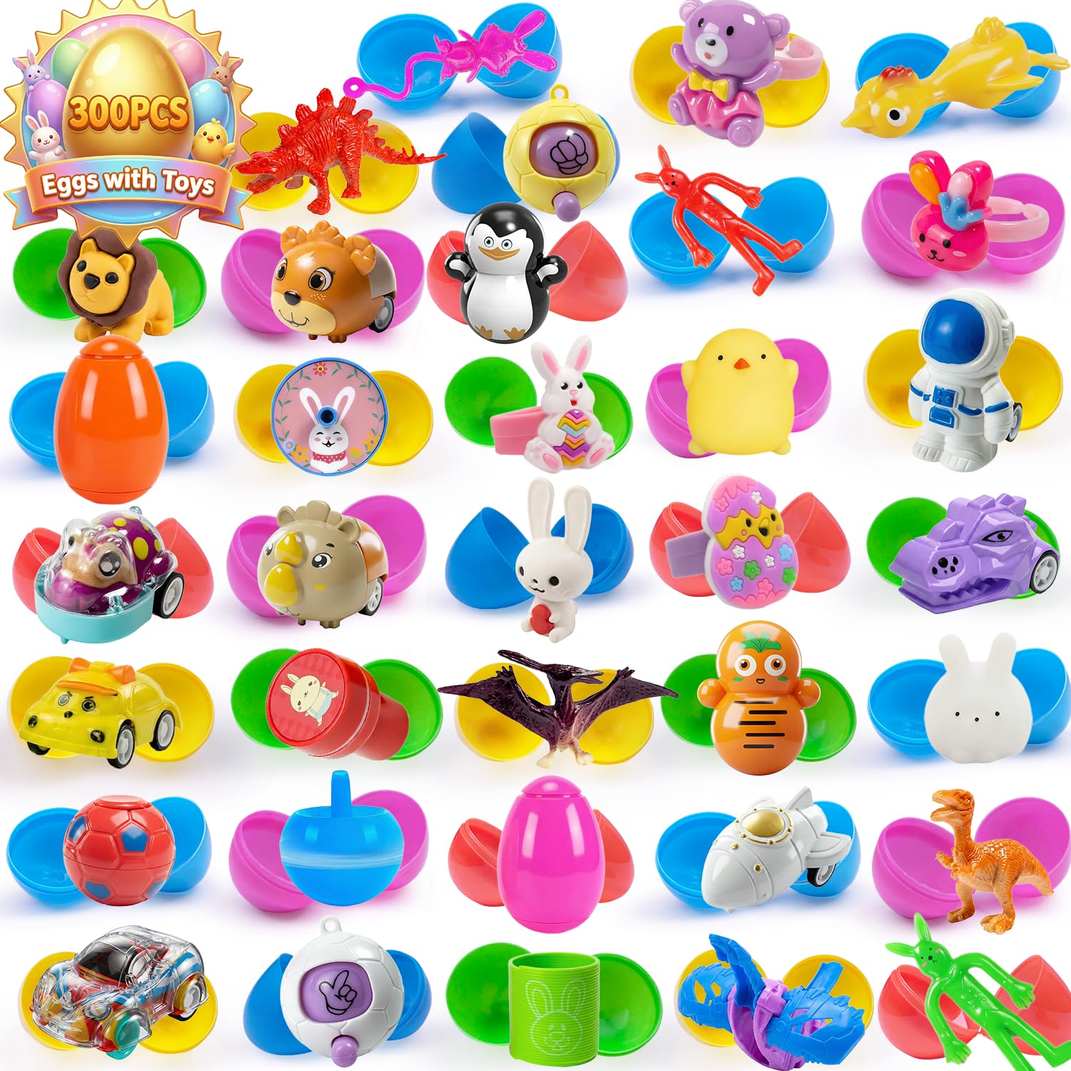 SQZUWIT 300 Pcs Prefilled Easter Eggs with Toys Inside, Pre Filled Easter Hunt for Kids Bulk Basket Stuffers Essentials Pre-filled Party Favors Classroom Prize Supplies