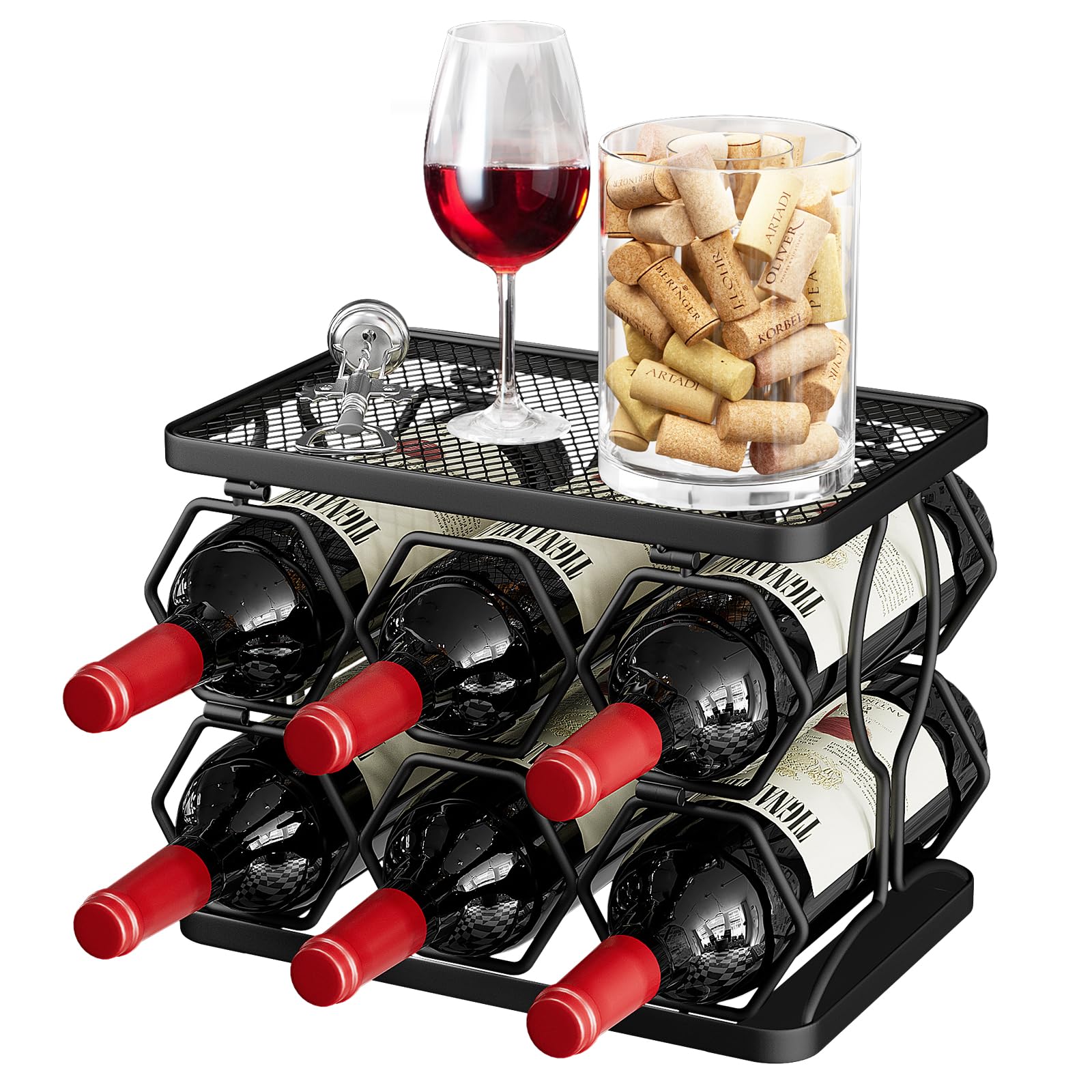 Nuovoware Foldable Wine Rack, Freestanding Hexagon Wine Rack Countertop 6 Bottle 2 Tier, Carbon Steel Wine Racks Holder for Kitchen Bar Pantry Wine Cellar Dining Room Basement Outdoor, Black