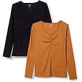 Amazon Essentials Womens Cinched V-Neck Long Sleeve Slim-Fit Rib-Knit T-Shirt