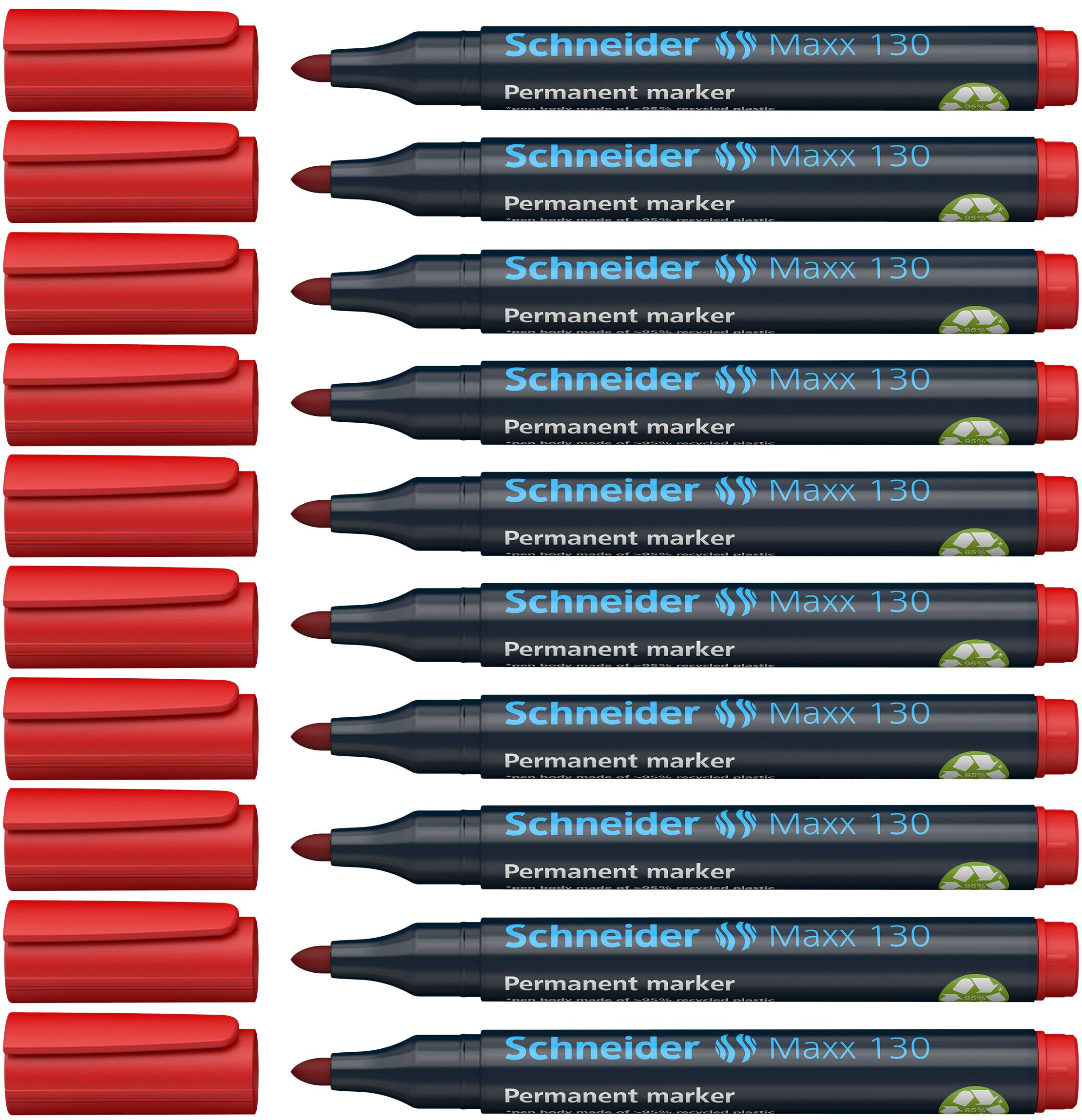 Schneider Maxx 130 Permanent Marker Pen 1 mm and 3 mm Cap-Off-Ink Refillable Pack of 10 Red