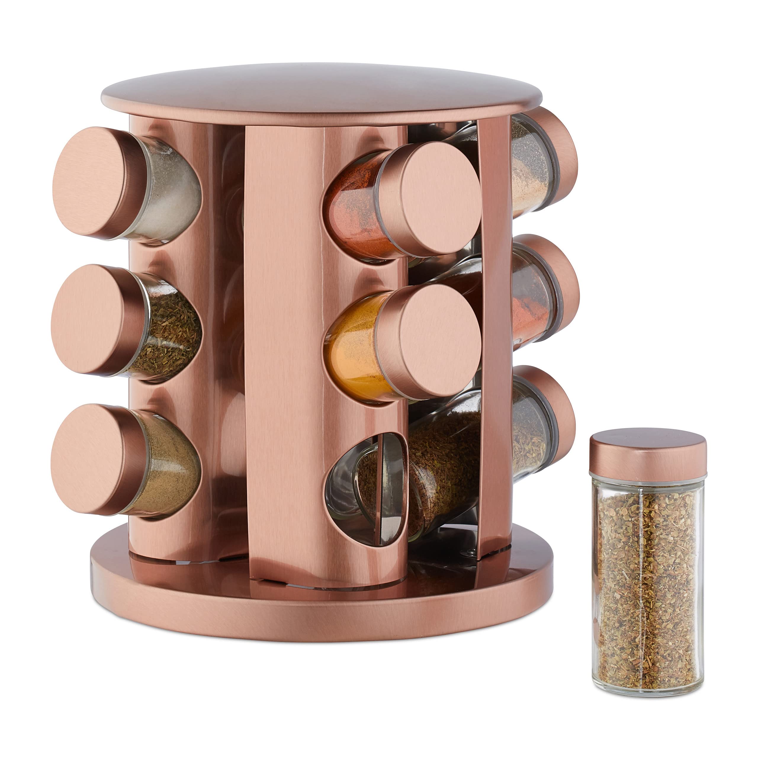 Relaxdays Spice Carousel with 12 Jars, 360° Rotation, Clear Spice Shakers, Stainless Steel, Copper, 22.5 x 22 x 22 cm