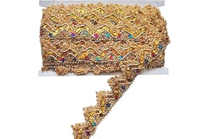 Gnognauq 9.8 Yard Shiny Beaded Lace Trim Sequins Ribbon Vintage Decorative Wedding DIY Craft Sewing Fabric (Gold)