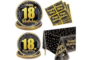 Hegbolke 18th Birthday Decorations for Boys Girls - 61 Pcs Plates Napkins 18th Tablecloth for Black and Gold Party Decoration