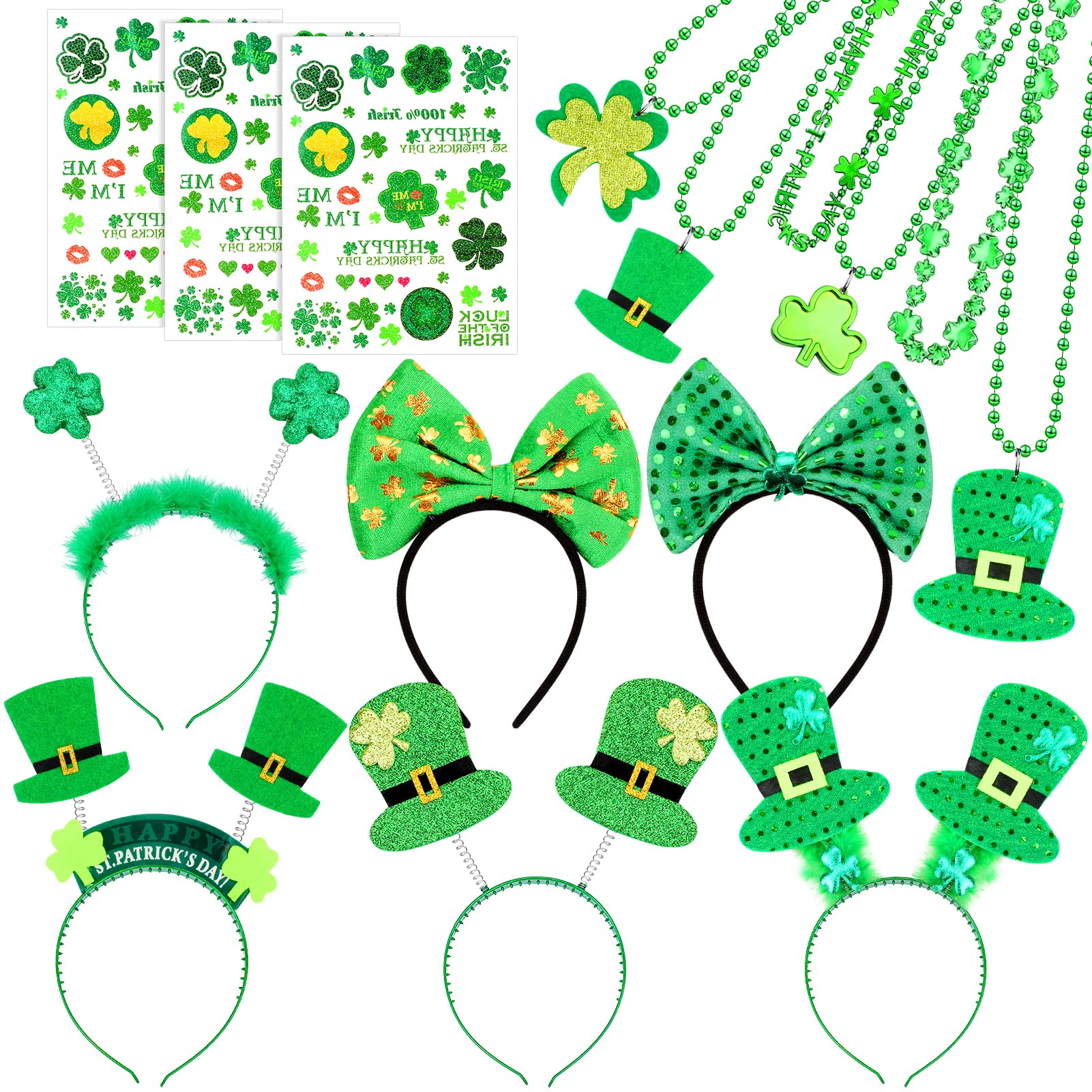 Qpout St. Patrick's Day Party Favor Set with Necklaces Headbands Temporary Tattoos, Green Shamrock Necklace Hair Band Fancy Dress Adult Kids Party Accessory for Irish Party Decoration