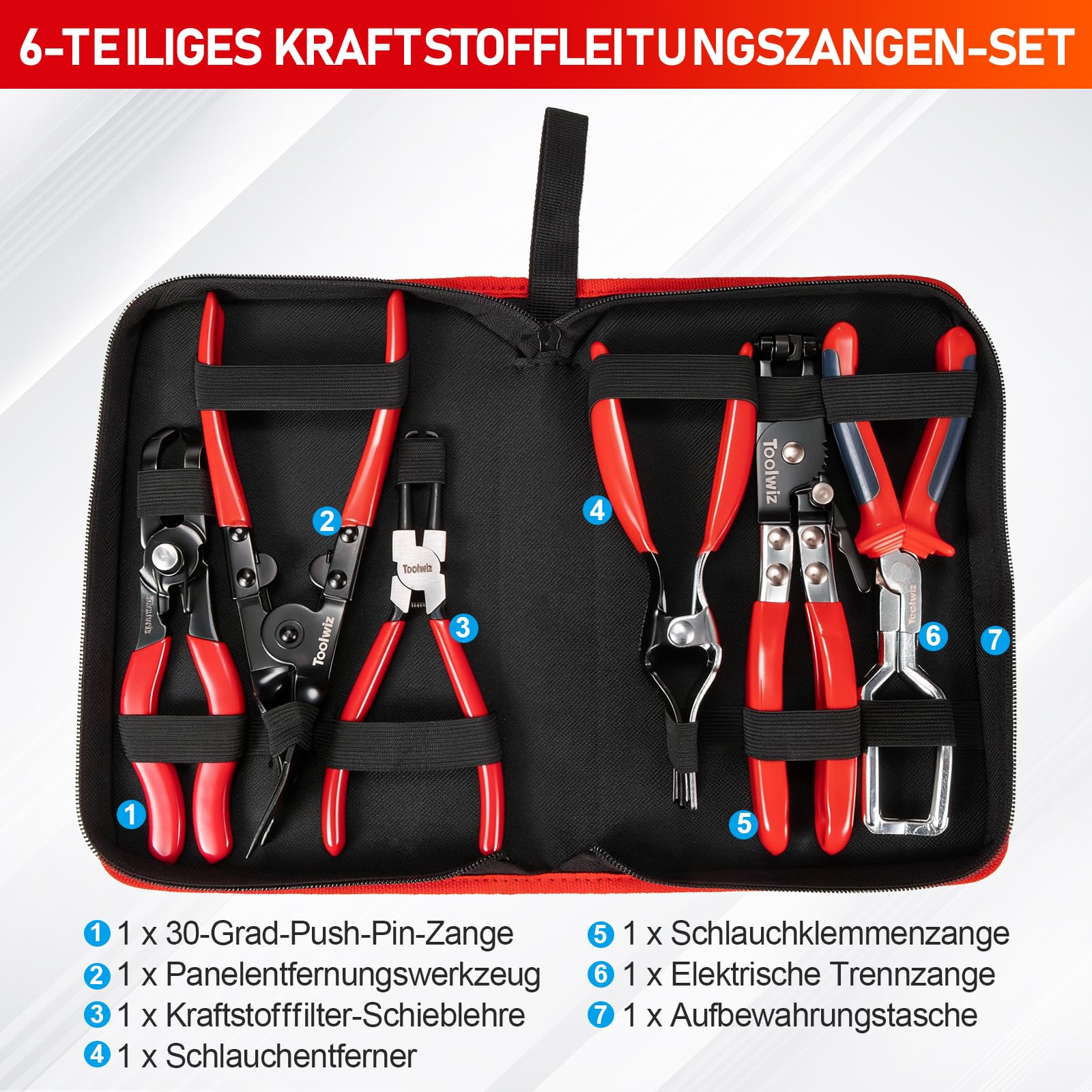 Toolwiz 6-teiliges Kraftstoffleitungszangen-Set, Schlauchschellen-Clip, Türverkleidungs Lösezange, Zange zum Entfernen von Schläuchen, 30-Grad-Druckstiftzange, 9 cm Kraftstofffilter-Messschieber 9