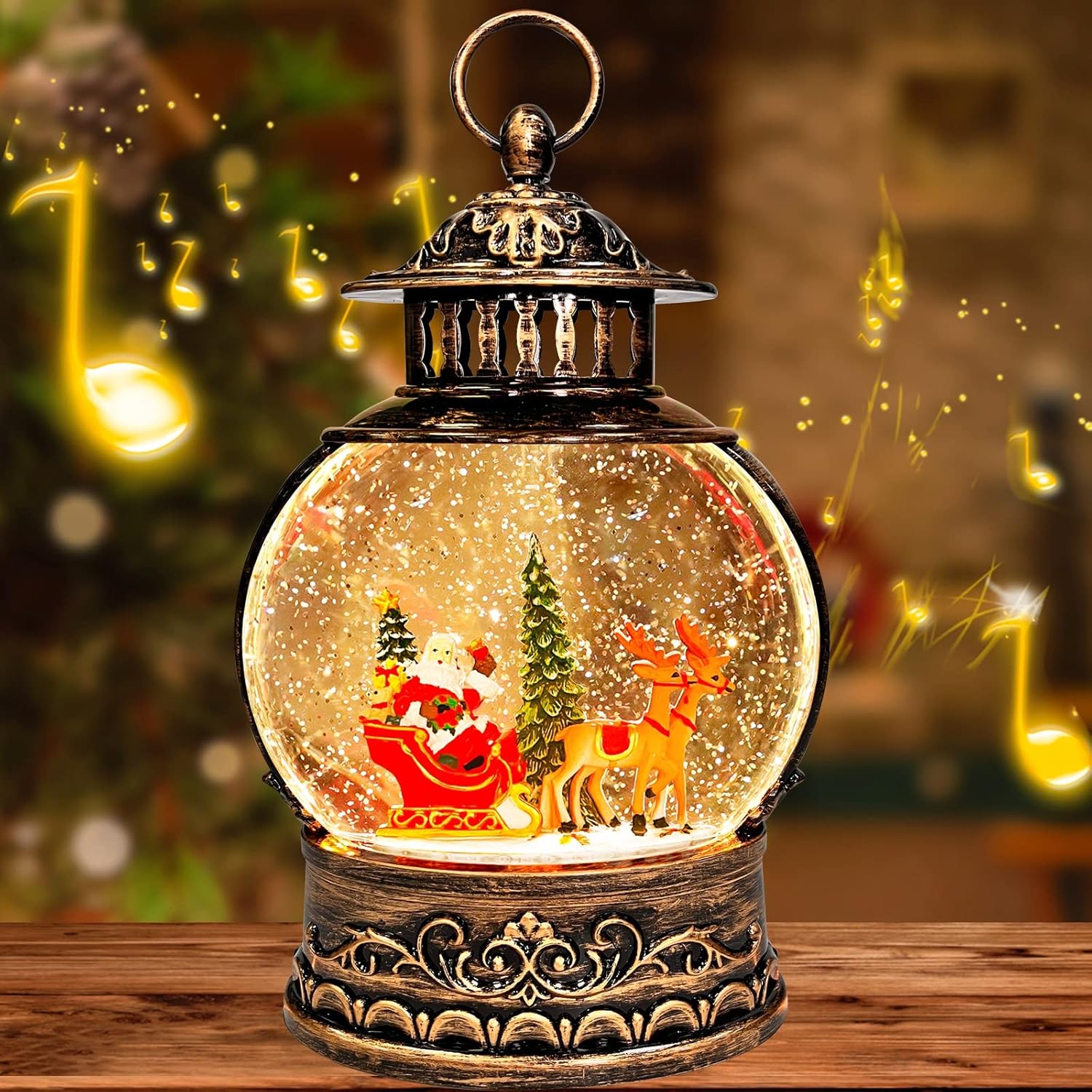 Snow Globes - TURNMEON Lighted Musical Christmas Snow Globe Lantern with 8 Songs Timer USB or Battery Operated Santa on Sleigh Elk Glittering Snowing Water Lantern Christmas Decorations Home Indoor Table Xmas Gift