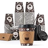 JOLLY PARTY 10oz(100 Pack) Disposable Coffee Cups with Lids, Sleeves and Straws - Paper Coffee Cups with Lids, Hot Cups for Shops, Cafes, and Concession Stands(Dark Brown)