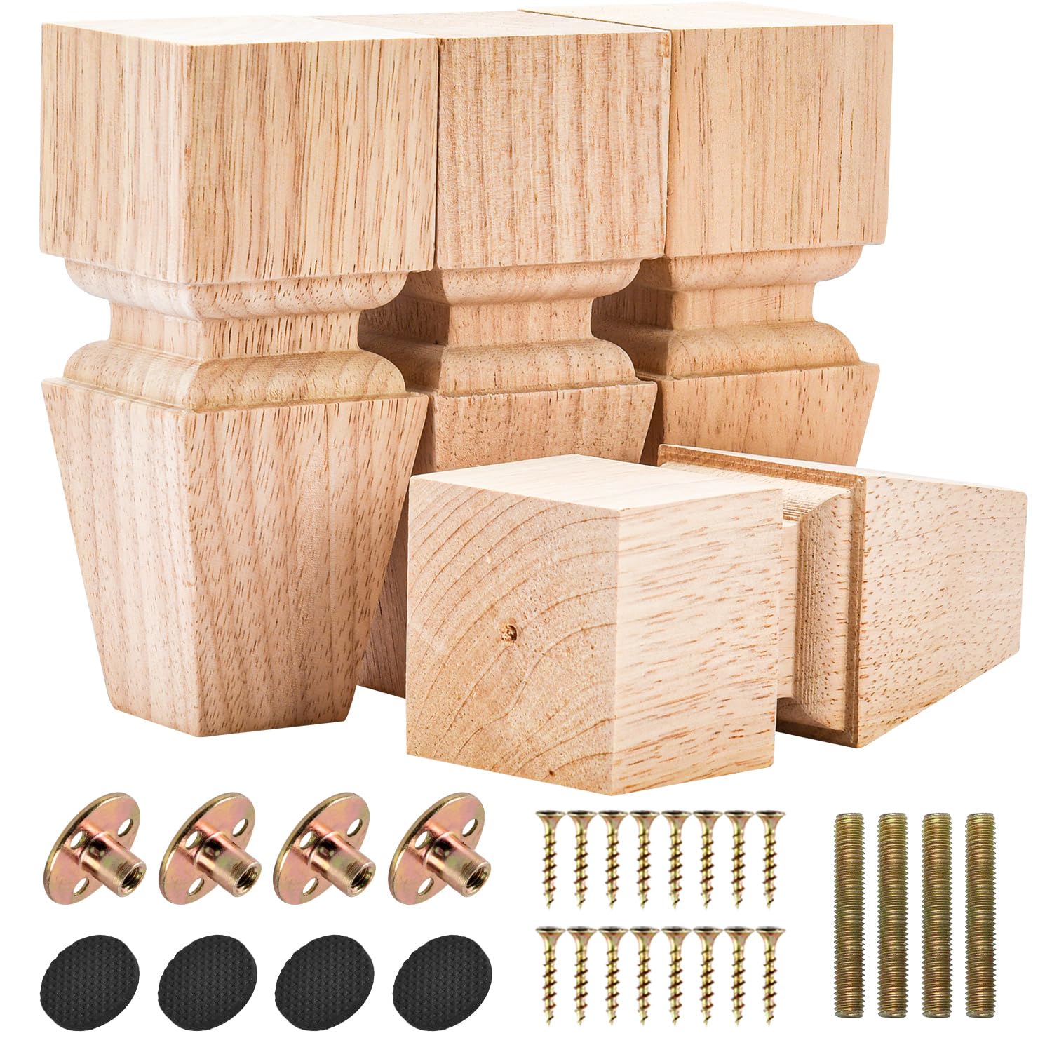 Btowin VCF 6 Inch / 15cm Wooden Furniture Legs, 4PCS Solid Wood Carved Geometry Sofa Legs Unfinished DIY Replacement Bun Feet with Mounting Plate & Screws for Sofa Cabinet Couch Table TV Stand