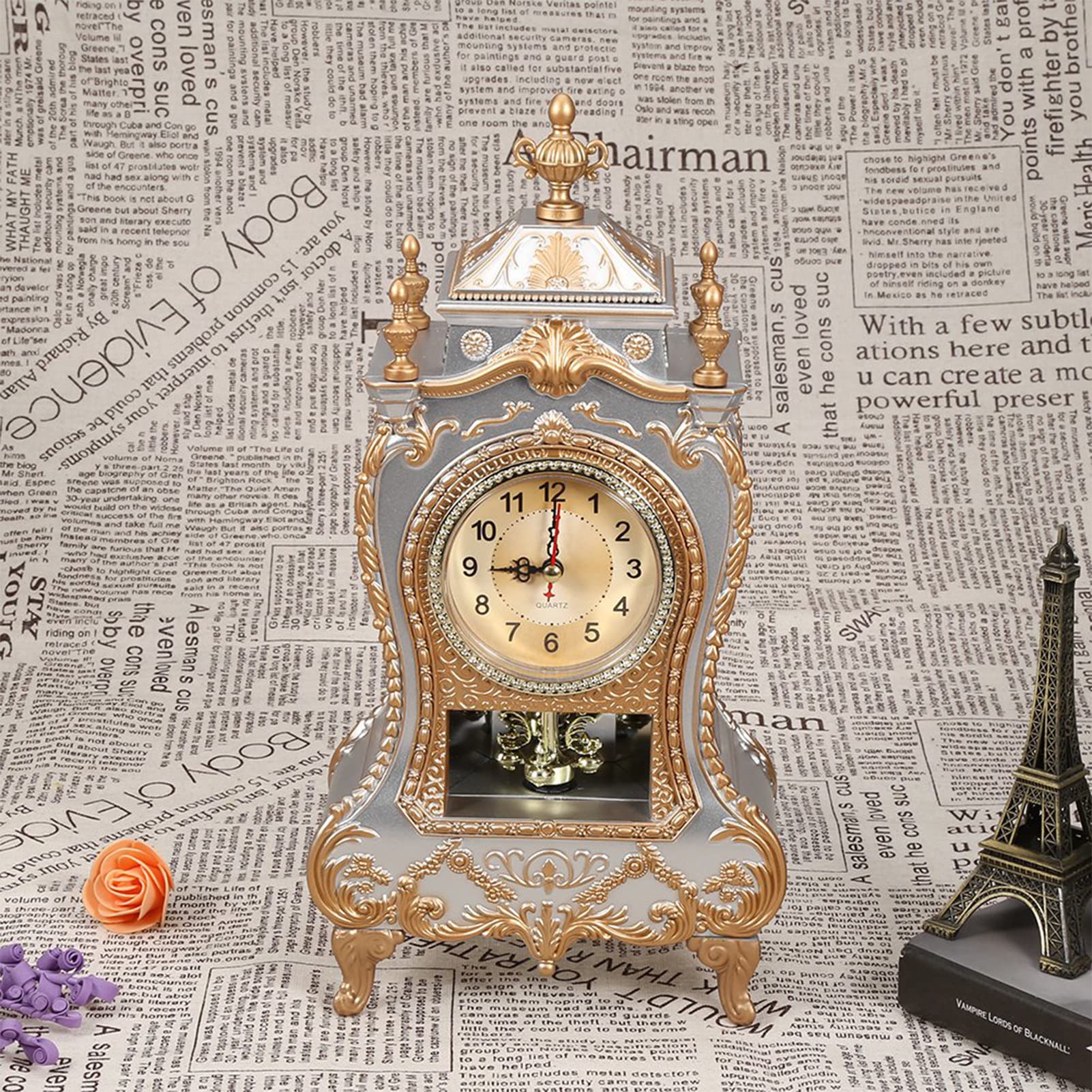 Vintage Clock, Exquisite Vintage Desk Clock Antique Home Hotel Decorative Table Clock with 12 Songs (White)