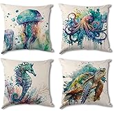 Coastal Pillow Covers 18x18 Set of 4, Beach Ocean Animal Throw Pillow Covers for Couch Outdoor Patio Furniture Decorative Watercolor Sea Turtle Seahorse Jellyfish Octopus Cushion Cases Sofa Home Decor