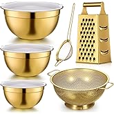 Baderke 6 Pcs Gold Kitchen Accessories Set Includes 3 Gold Mixing Bowls with Airtight Lids Stainless Steel Colander Grater Slicer and Fine Mesh Strainer (Mixing Bowls: 3.7/5/7 Qt, Colander: 5 Qt)