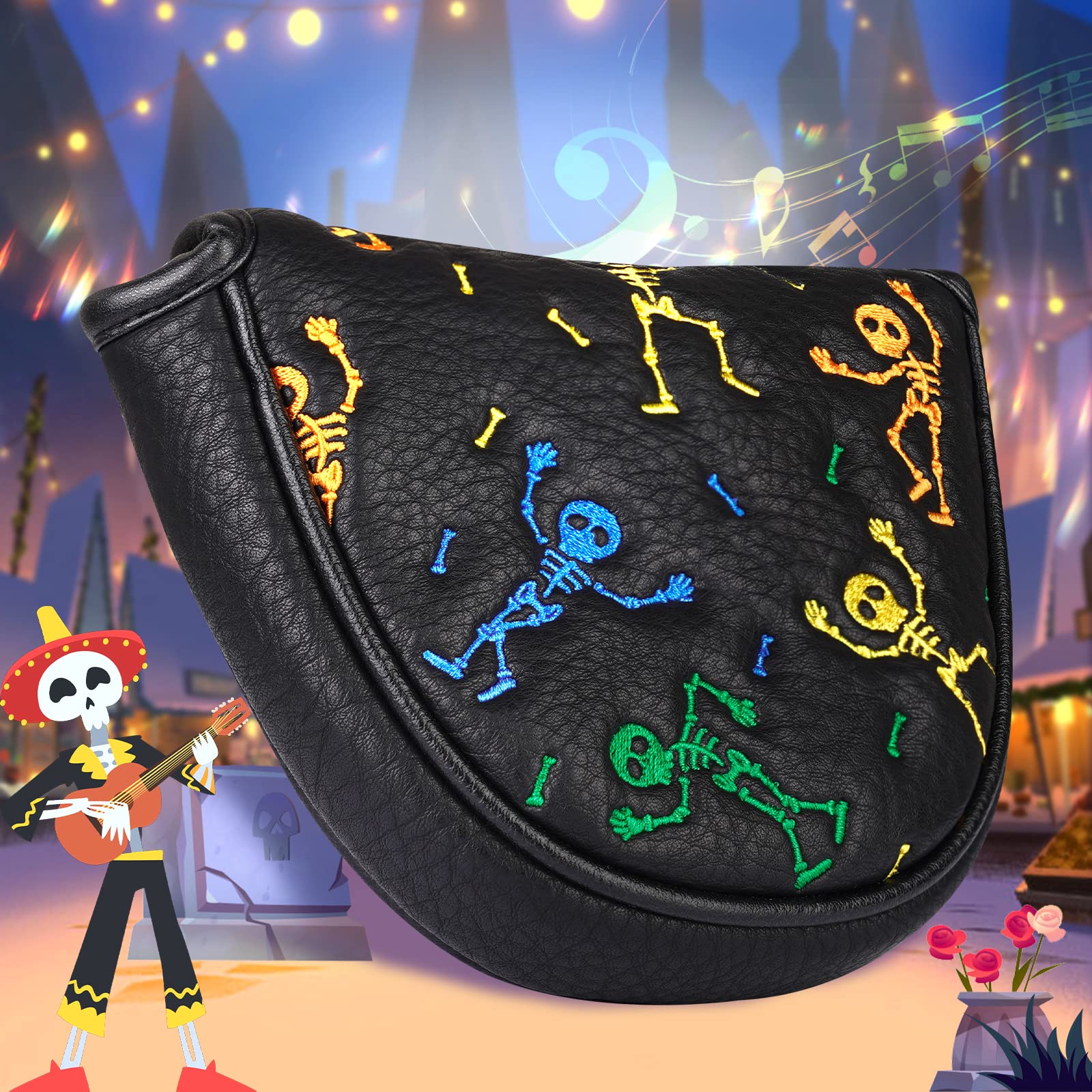 Big Teeth Golf Mallet Putter Head Cover Magnetic Closure Fit for Scotty Cameron Taylormade Odyssey Balck PU Leather Colorful Skull Pattern