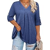 Siddhe Women's Plus Size Summer Tops 3/4 Sleeve Blouses Tunic Tops V Neck Casual Shirts 2024 Work Shirts for Plus Women Business Navy Blue XL