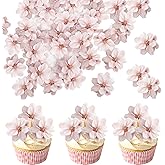 40 Pack Edible Cherry Blossom Cupcake Toppers - Cherry Flowers Cake Toppers Rice Paper Wafer Paper Cake Picks for Bridal Shower Baby Shower Kids Birthday Cake Decorations - Light Pink