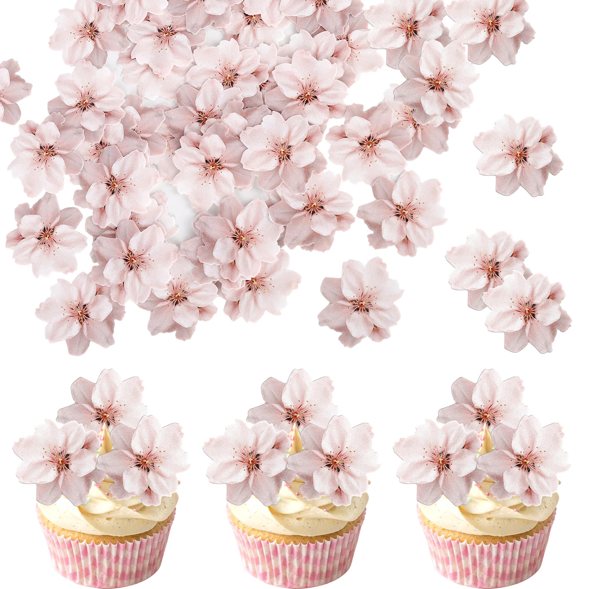 SYKYCTCY 40 Pack Edible Cherry Blossom Cake Toppers Cherry Flowers Cupcake Toppers Rice Paper Wafer Paper Cake Picks Baby Shower Bridal Shower Kids Birthday Party Cake Decorations Supplies — image 1