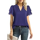 Lotusmile Womens Dressy Chiffon Blouses Summer Puff Petal Short Sleeve Shirts V Neck Casual Work Tops
