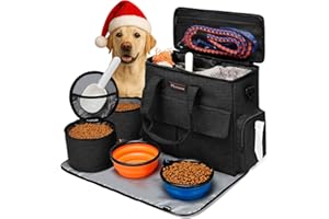 Dog Travel Bag by Modoker - Dog Travel Kit for a Weekend Away Set Includes Pet Travel Bag Organizer for Accessories, 2 Collapsible Bowls, 2 Travel Food Container (Black)