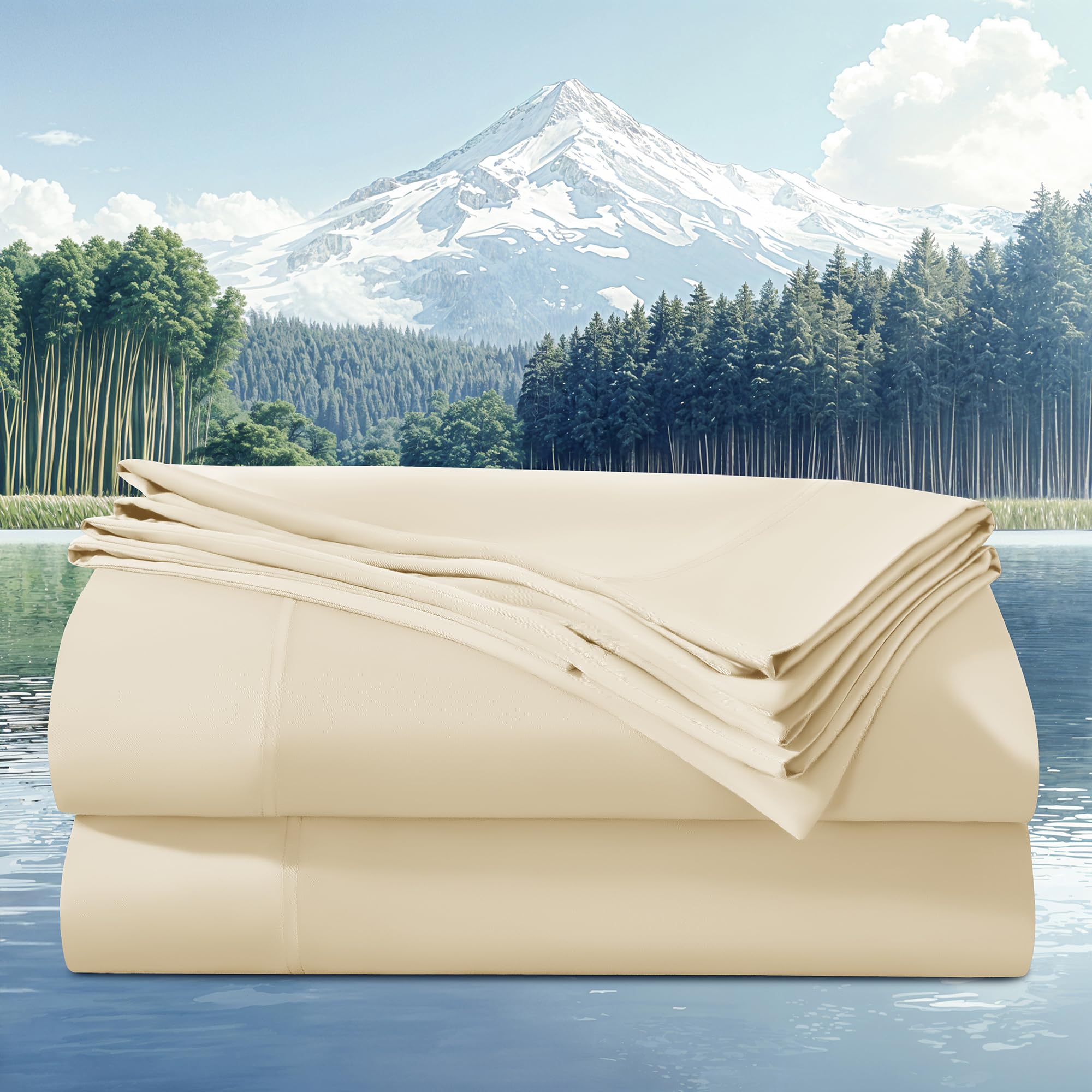 Photo 1 of AiAngu 100% Viscose Derived from Bamboo_Sheets Queen Size 4pcs, Cooling & Breathable Bed Sheets for Hot Sleepers, Hotel Luxury Silky Bedding Sheets, 16" Deep Pocket(Beige)