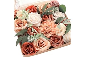 Floroom Terracotta Artificial Flowers Burnt Orange Fake Roses Peonies Dahlia Greenery Combo Box Set for DIY Wedding Bouquets Bridal Shower Centerpieces Floral Arrangements Party Tables Home Decoration