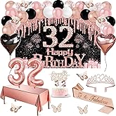 32nd Birthday Decorations for Women, 49pcs Black Rose Gold Black Happy 32nd Birthday Banner, Tablecloth, Butterfly Decor, Sash and Tiara, Cake Topper, Candles, Balloons Arch