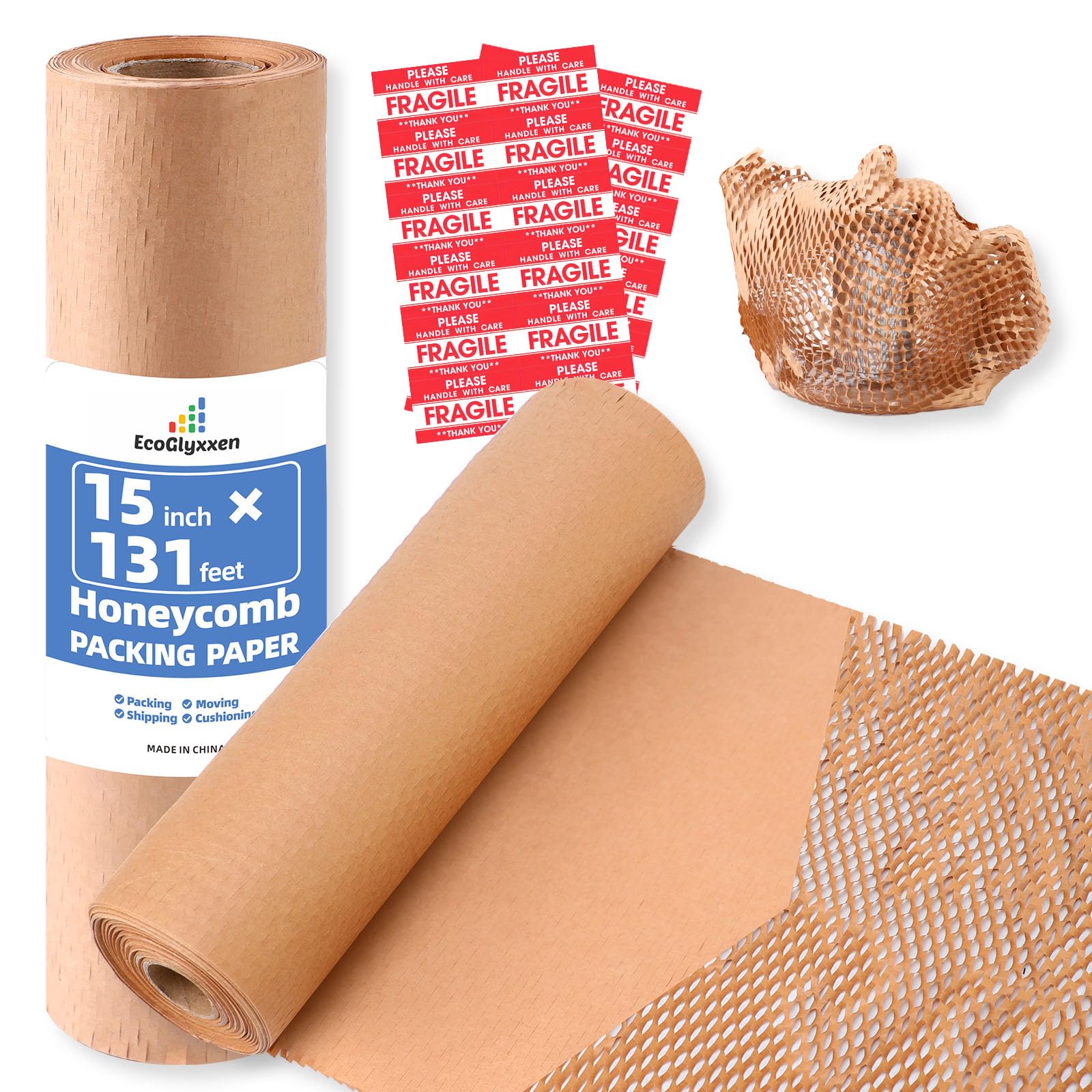 Photo 1 of *Minor damage* Honeycomb Packing Paper 15"x131' - Bubble Wrap Eco-Friendly Alternative, Recyclable Cushioning Material for Shipping, Moving & Small Business Packing Supplies with 20 Fragile Sticker Labels
