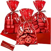 ZYLOP 8x11In Red Cellophane Treat Bags - 50 Pcs Red Goodie Bags with 60 Twist Ties, Treat Bags for Candy, Cookies &amp; Snacks, Clear Plastic Gift Bags for Party Favors, Small Gifts