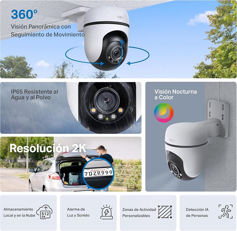 C51A - Cámara de Vigilancia WiFi Exterior 360º, 2K 3MP, Detección IA