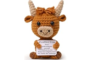 OkiyiD Mini Funny Positive Highland Cow, Knitted Wool Cow Toy with Positive Card - Creative Cute Crochet Doll Emotional Support Cheer Up Keepsake Gift for Friends, Women, Student, Christmas (Cow)