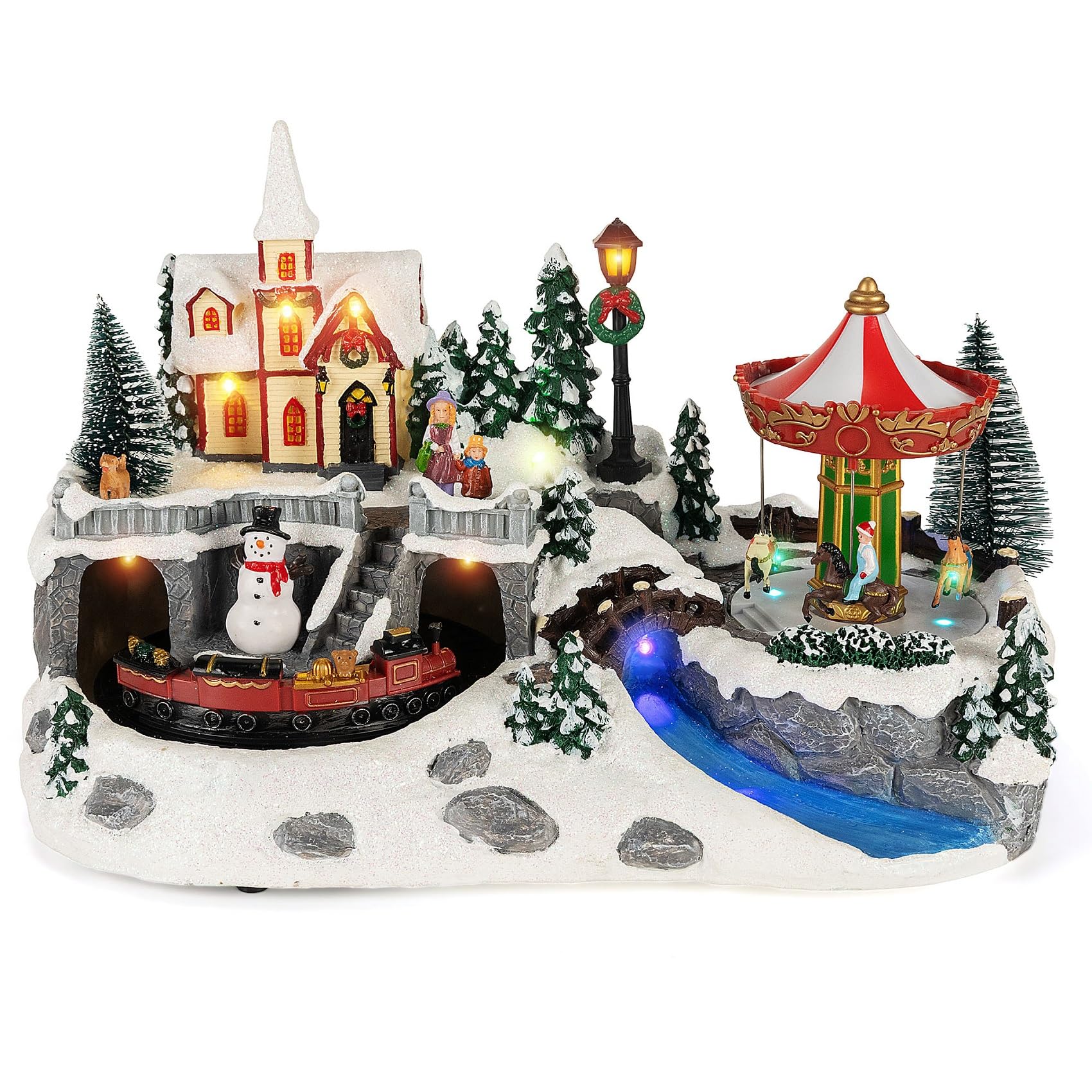 Photo 1 of **MAJOR DAMAGE. SELLING FOR PARTS**CBAXEAXM Animated Christmas Village Scene with LED Lights & Music Battery Operated Resin Christmas Building Collectibles Figurines with Rotating Train Carousel Gifts Festive Holiday Tabletop Decor