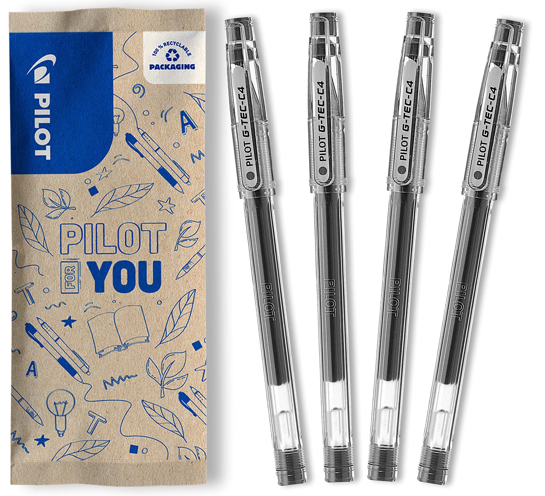 PILOT - G-Tec-C4 Gel Rollerball Pen - Fine 0.4mm Tip - 4 x Black Pens