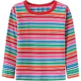Zestonie Boys Rainbow Striped Shirts for Kids Long Sleeve O-Neck Tops Cotton T-Shirts