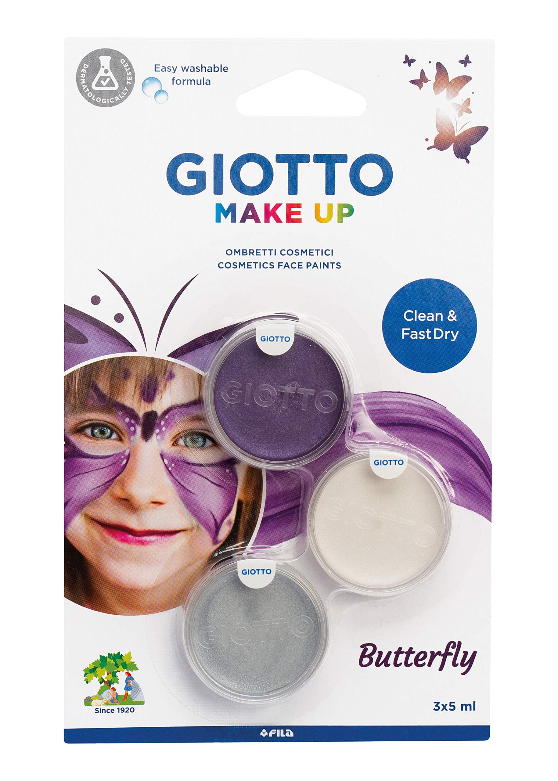 GIOTTO Butterfly Make-up, Fast Dry Cosmetic Face Paints, Easy Washable from Skin, 3 x 5ml Assorted Colours, For Children and Parties
