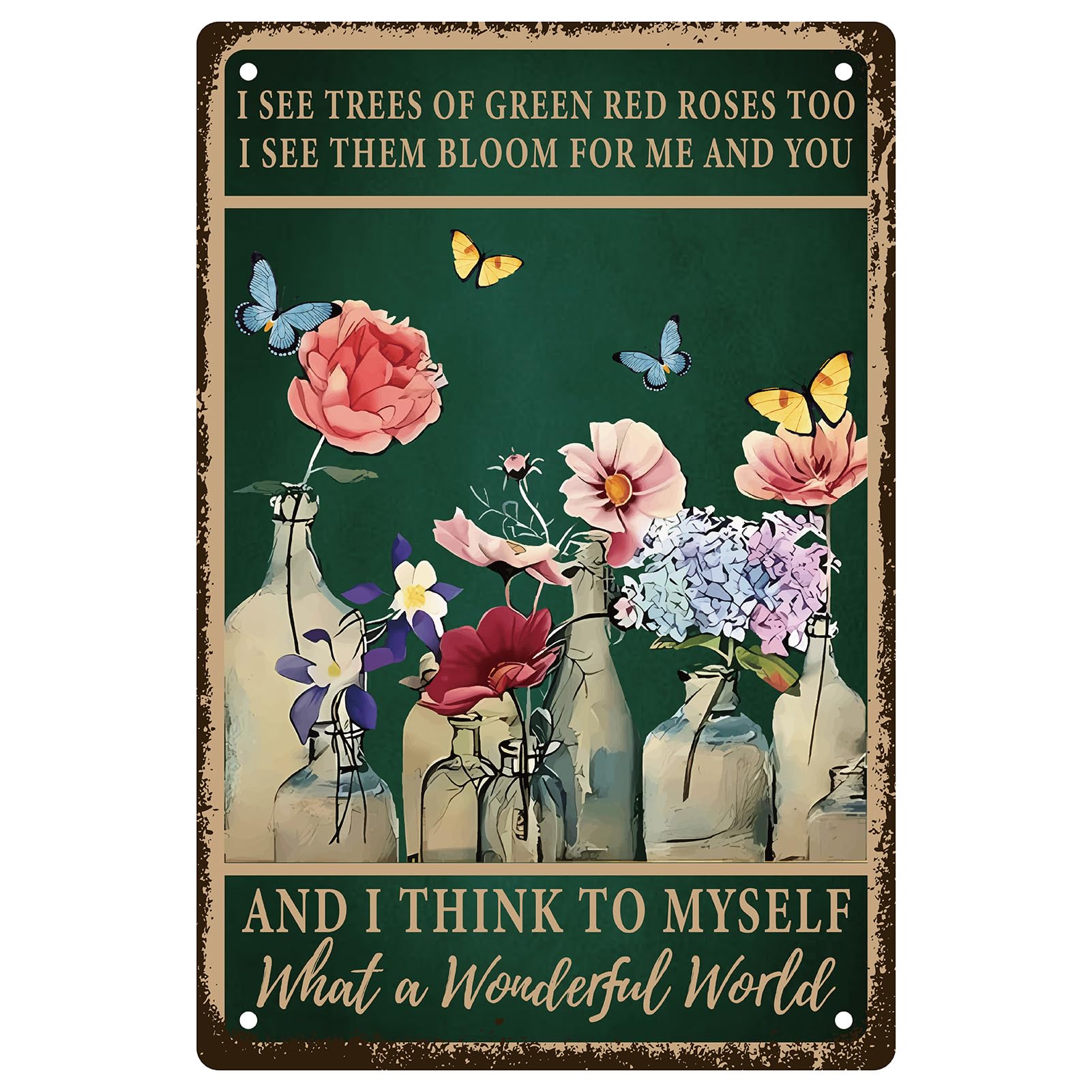 CREATCABIN Flowers Tin Signs Butterfly Metal Sign Vintage Plaques Poster Plaque Decor Retro Posters Gallery Wall Art Print Vase flower Hanging Painting with Quotes for Garden Summer Gifts 8x12 Inch