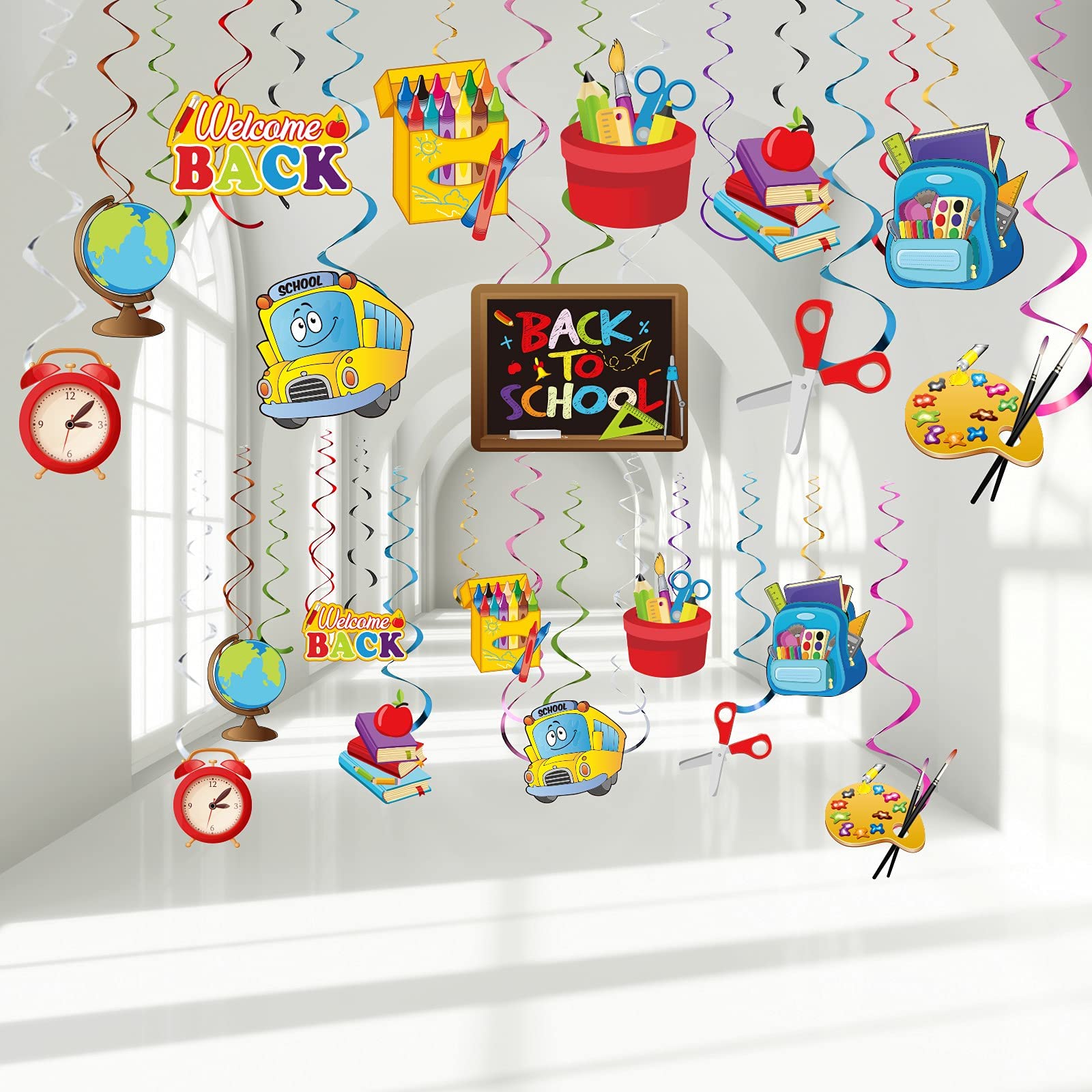 30 Pieces Back to School Hanging Swirls Decorations, Colorful Ruler Pencil School Bus Stationery Foil Swirls Ceiling Decor for Celebrating Welcome Back to School Classroom Party Supplies