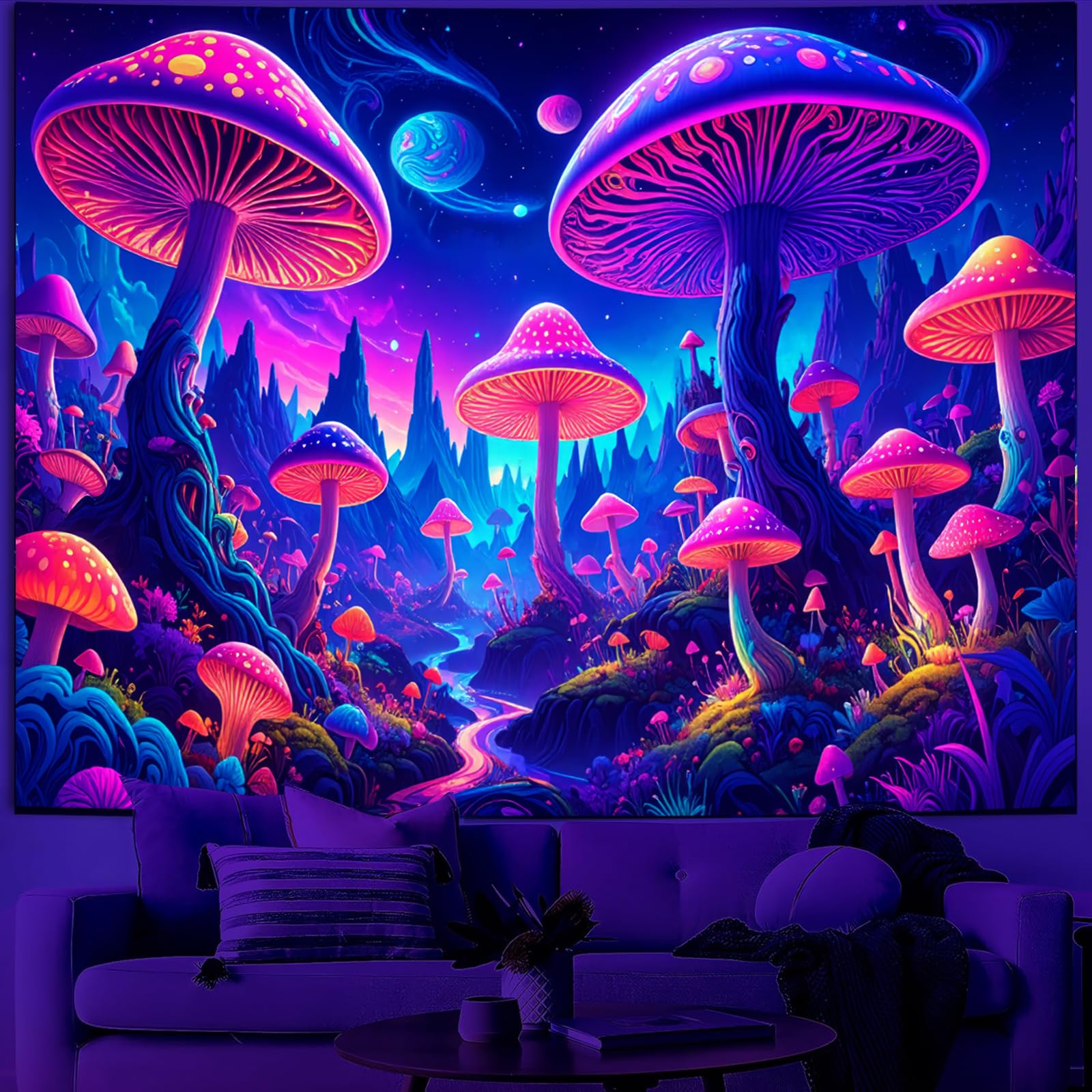 Simpkeely Blacklight Fantasy Mushroom Forest Tapestry – UV Reactive ...