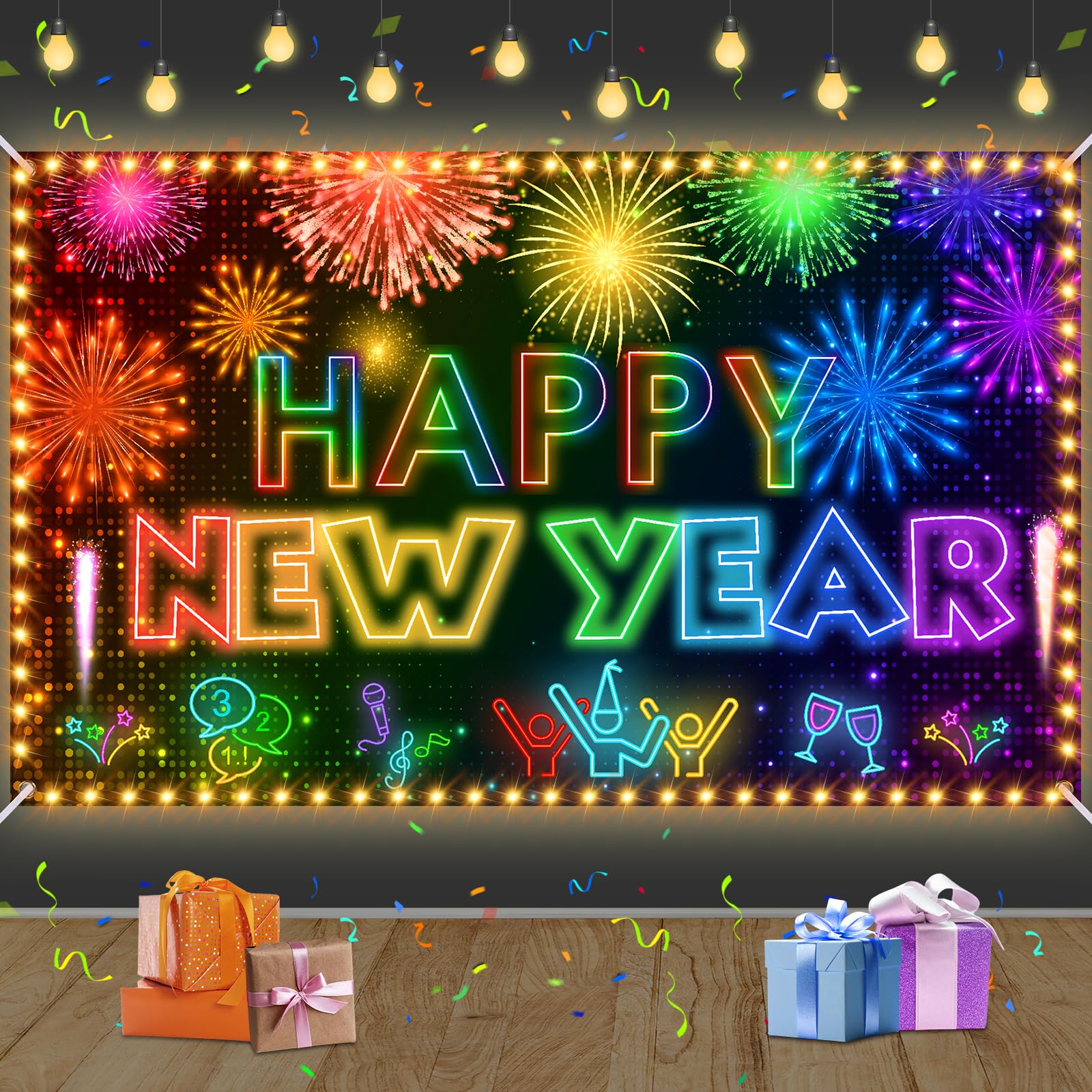 2026 Happy New Year Banner Neon New Year Party Decorations Large Fabric ...