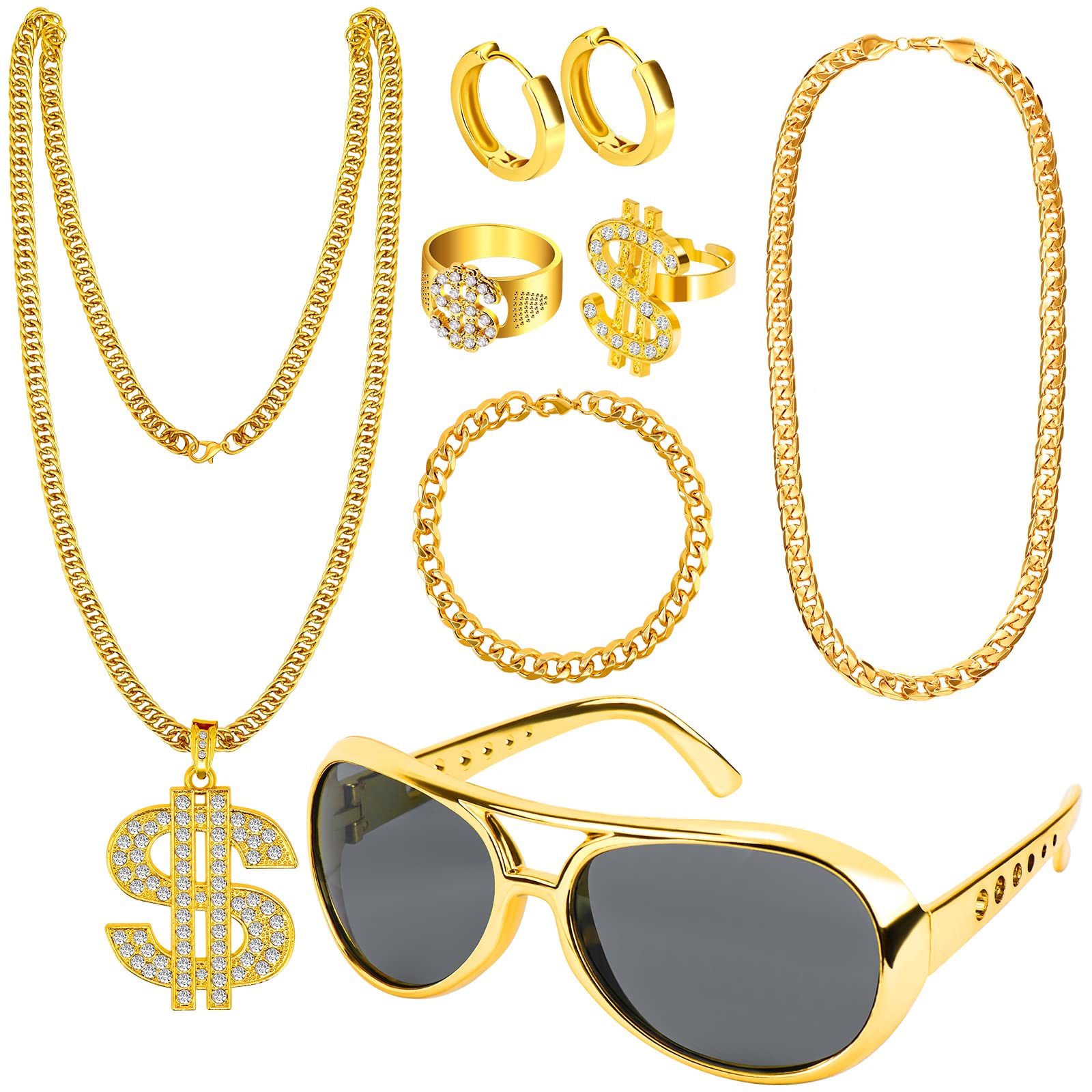 Photo 1 of Dreamtop 8Pcs Hip Hop Costume Accessories kit, 80s 90s Hip Hop Fancy Dress Accessories with Gold Dollar Sign Necklace Bracelet Hip Hop Rings Earrings Sunglasses Women Men