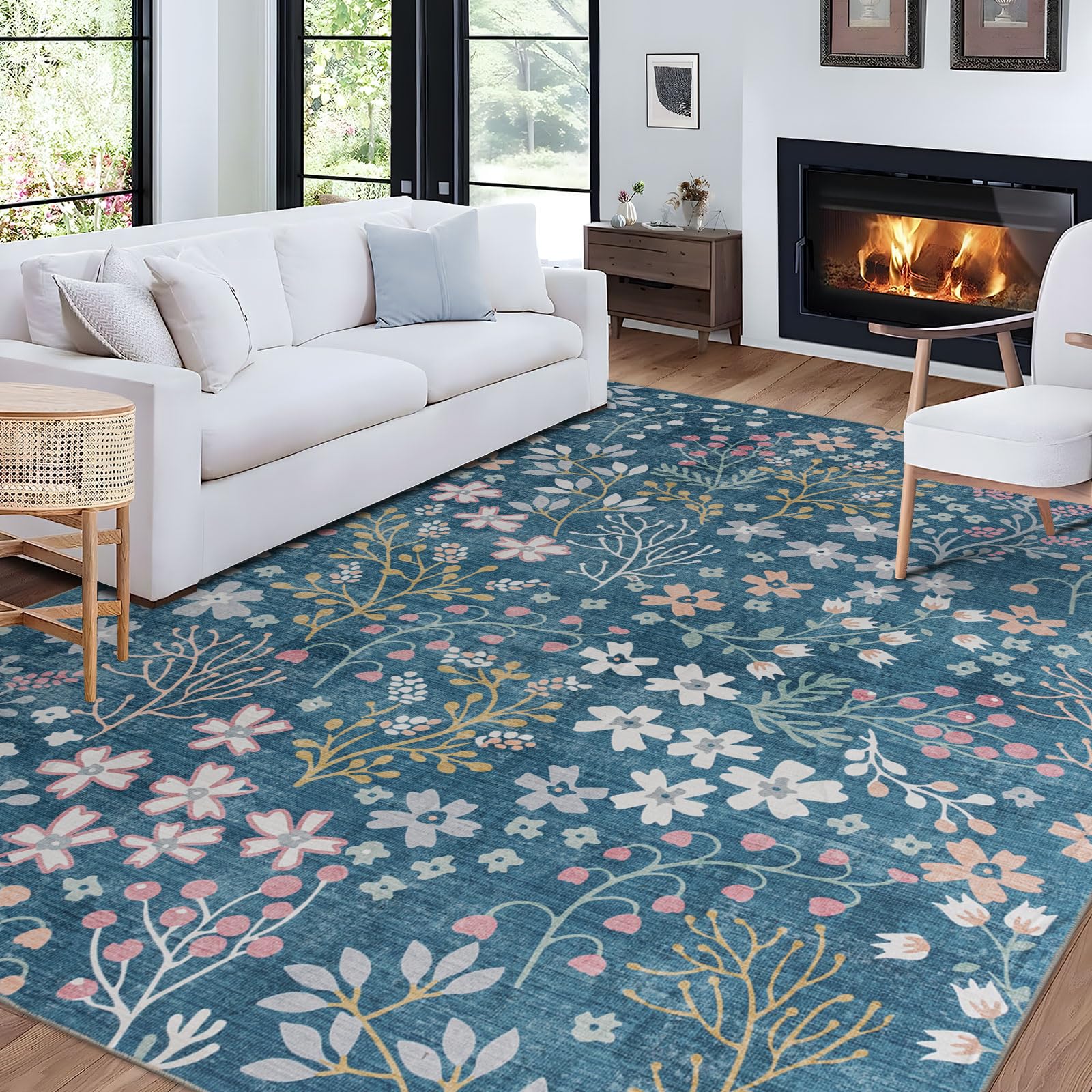 Fashriend Phyllis Modern Area Rug, 6'×9' Washable Accent Floral Rug, Non-Slip Flower Leaf Carpet, Non-Shedding Colorful Rug with Low Pile for Living Room, Bedroom, Dining, Office, Blue