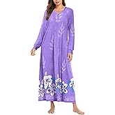 Ekouaer Nightgown Long Sleeve for Women Sleepwear V Neck Loungewear Button Full Length Nightshirt