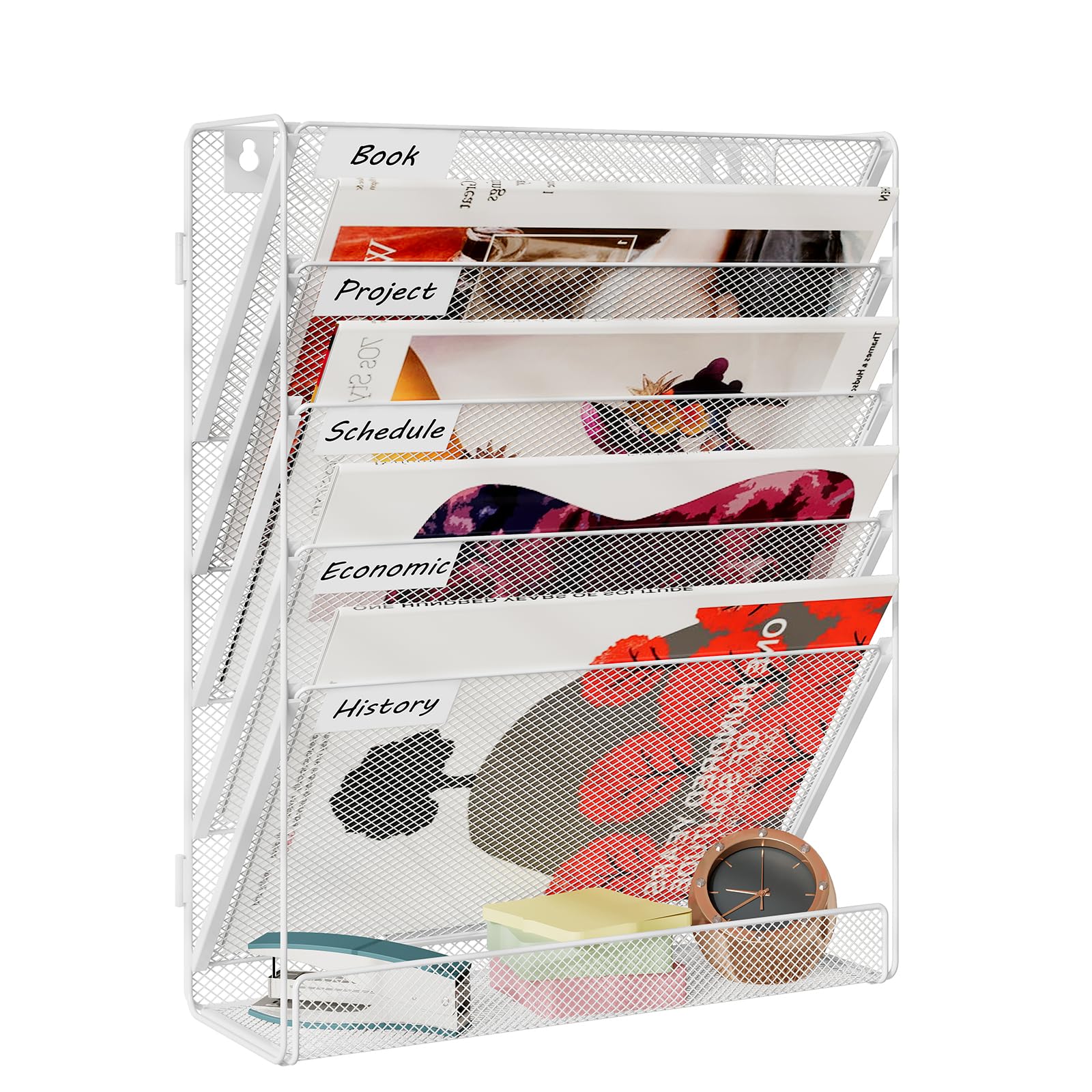 TQVAI 6 Tier Mesh Wall File Organiser A4 Paper Storage Wall Mounted Document Holder Stationary Organiser Desk Tidy Supplies in Tray for Office Home School, White