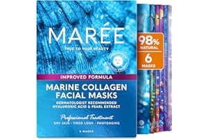 MAREE Collagen Facial Mask with Hyaluronic Acid — Sheet Face Mask Skincare — Centella Asiatica, Green & Red Algae Extract — Hydrating Facemask For Women Skin Care — Mascarillas Para La Cara — 6 Count