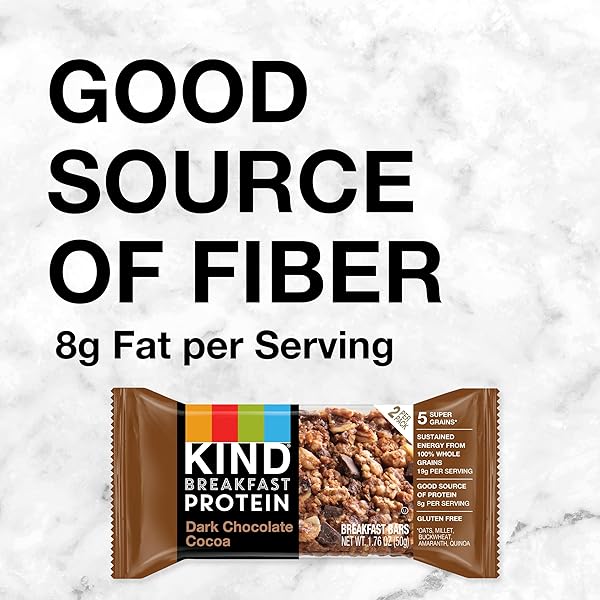 KIND BREAKFAST PROTEIN BARS, DARK CHOCOLATE COCOA, HEALTHY SNACKS, GLUTEN FREE, 8G PROTEIN, 6 COUNT