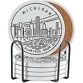 Onebttl Michigan Gifts Coaster Souvenir, Travel Homesick Gifts, Home Decor for Women, Moving, Housewarming, Set of 6, Ceramic, Absorbent with Cork Base