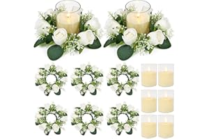 Acmee Pink Rose Candle Rings with Flameless Candles Sets - 12PCS Artificial Flower Eucalyptus Wedding Centerpiece 3 Inch Pillar Candleholders Wreaths for Wedding Party Decor (White - 6 Sets)