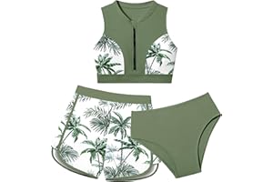 AGAPENG Girls Swimsuit 3 Piece Color Block Zipper Front Bathing Suit Bikini Set with Shorts Sporty Girls' Swimwear 7-16 Years