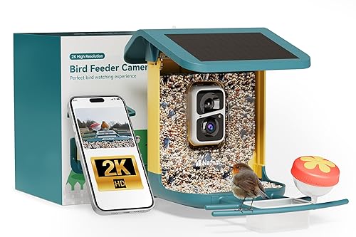 2K Bird Feeder with Camera, Solar Powered, AI Identify 10,000+ Birds, 1.8L Capacity, IP65 Waterproof, 2.4GHz/5GHz, Bird Box Camera with Full Color Night Vision, Present for Bird Lover